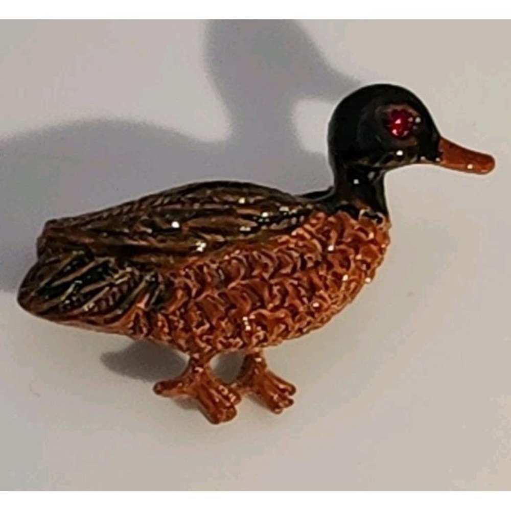 Vintage Signed GERRY'S Brown Green Enamel DUCK w rhinestone eye Brooch lapel Pin
